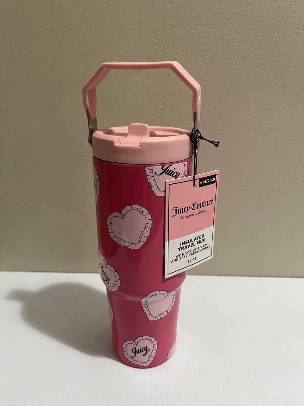 JUICY COUTURE insulated travel mug w/ pop-up straw & easy carry handle 30 oz NWT